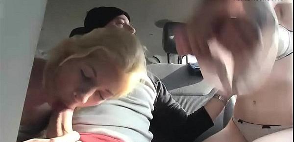  Two teen sluts get pounded inside a van